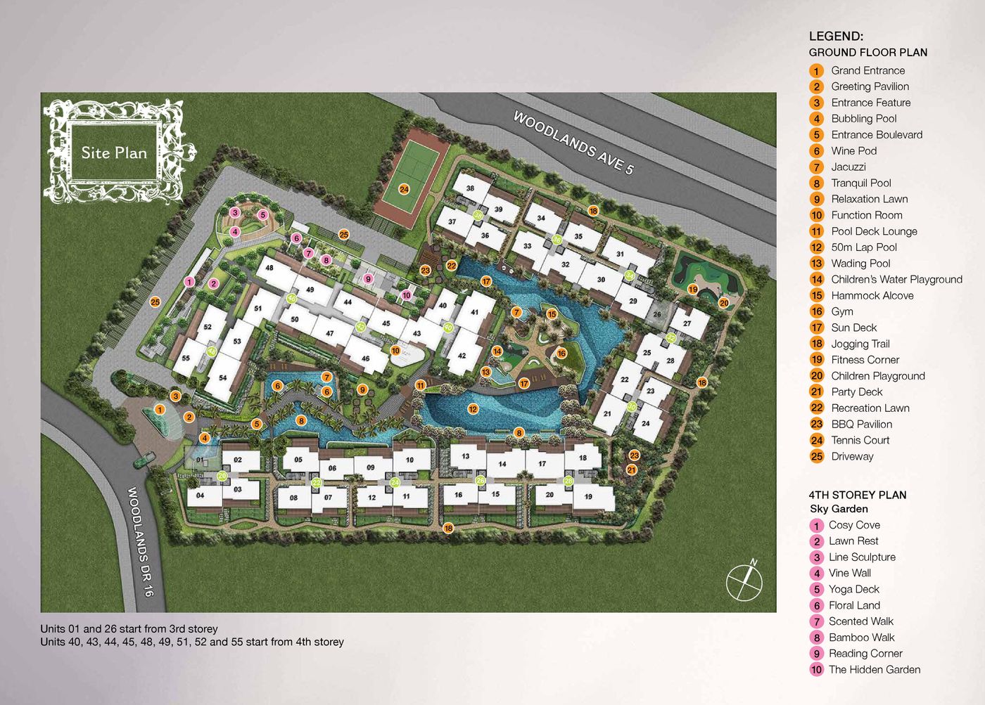 Site plan of Forestville, showing the residential blocks around a central pool, with the tennis court to the north and the entrance on Woodlands Drive 16 to the south-west. Every facility is numbered to the legend listed on this page.